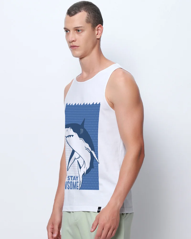 بيواكوف Men's White Jawsome Graphic Printed Vest